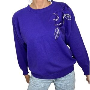 Vintage purple floral satin applique beaded pullover grandma sweater